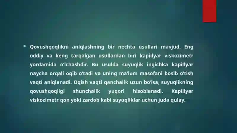 Biologik suyuqliklarning qovushqoqligini aniqlash usullarini o'rganish. Bionika asoslari va uni inson hayotidagi o'rni. Suyuqliklarning sirt tarangligi.Havo gaz emboliyasi 4
