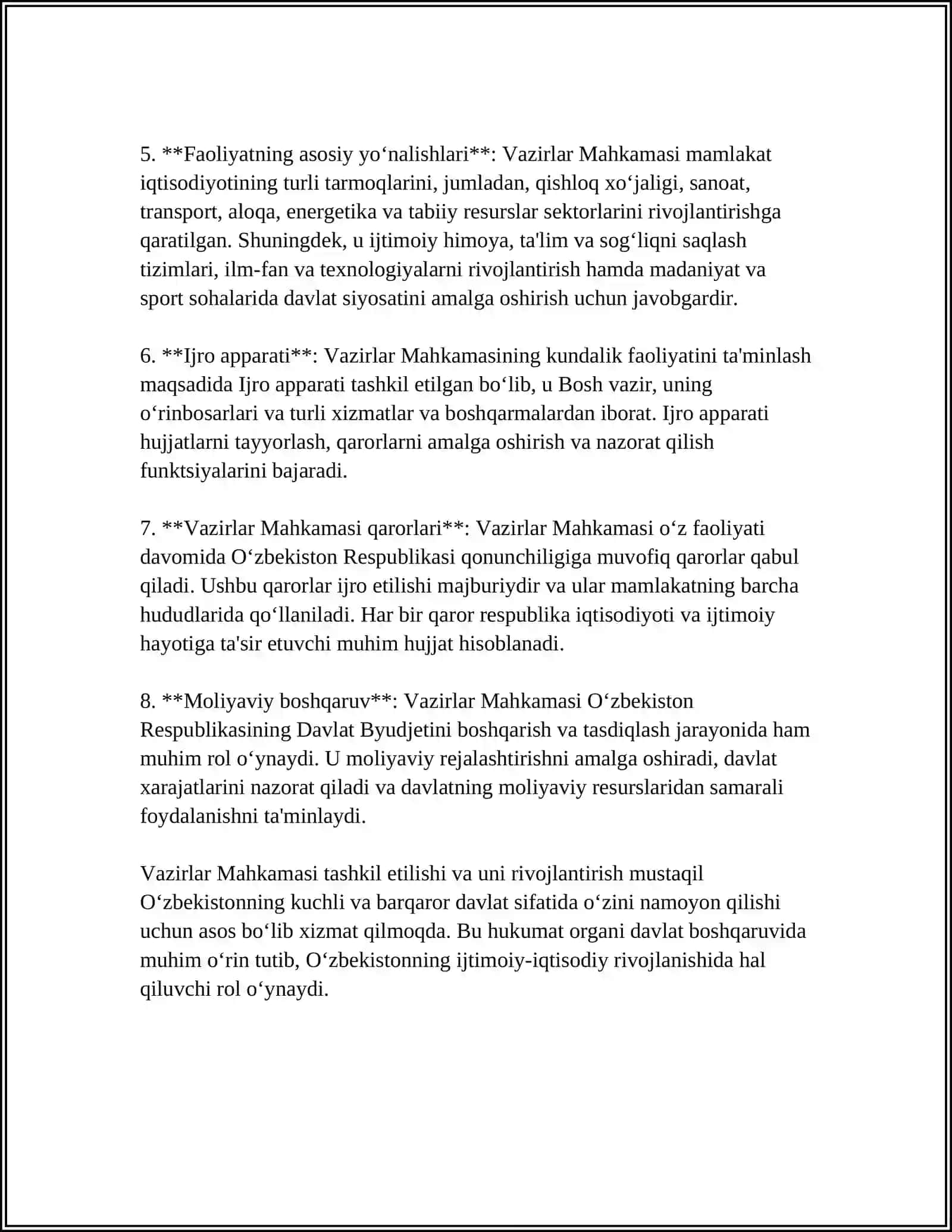 O'ZBEKISTON RESPUBLIKASI HUKUMATINI TASHKIL ETISH TARTIBI, UNING TARKIBI VA FAOLIYATINI AMALGA OSHIRISH TARTIBI 4
