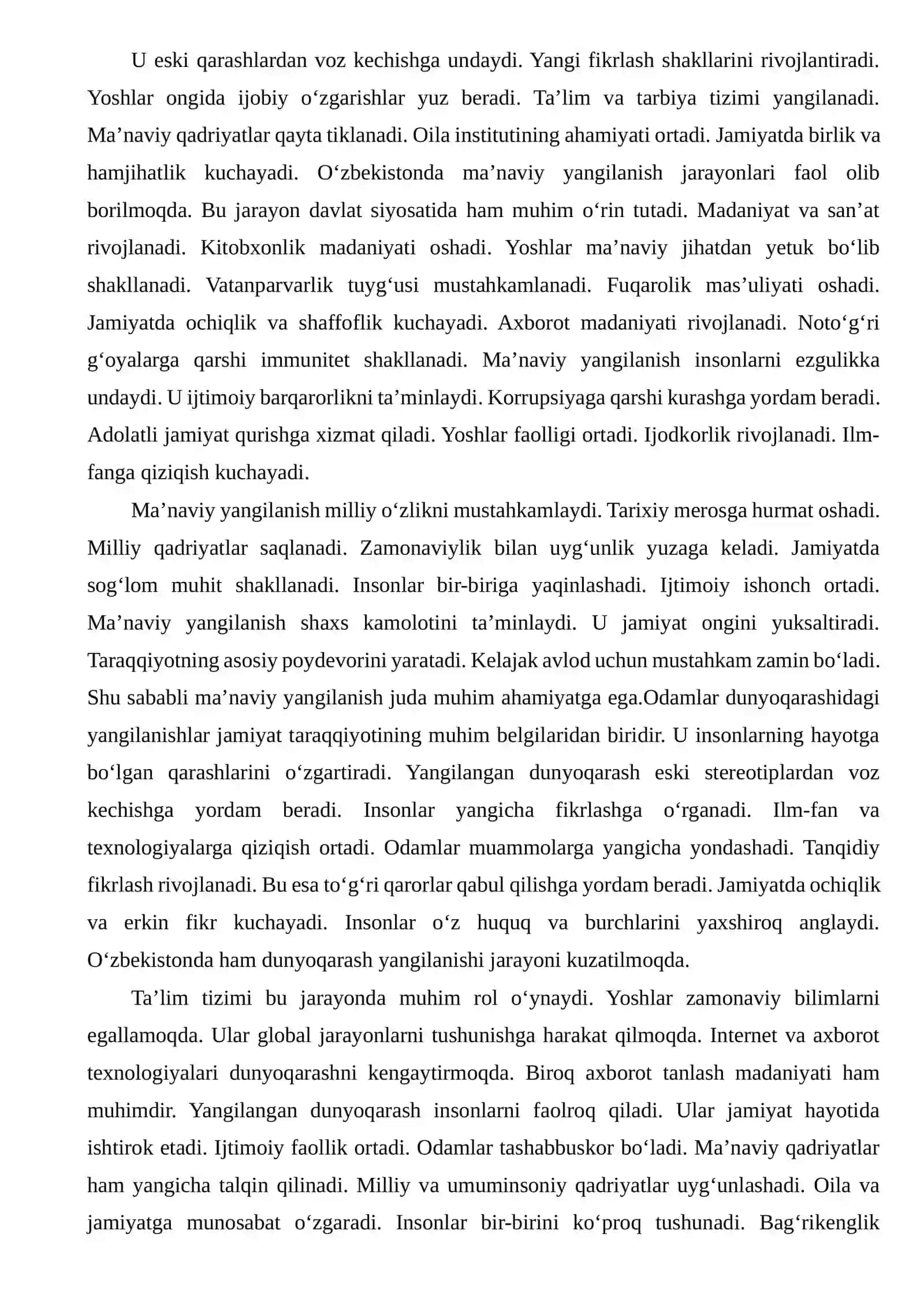 Yangi O‘zbekistonda amalga oshirilayotgan manaviy o‘zgarishlar.ESSE 4