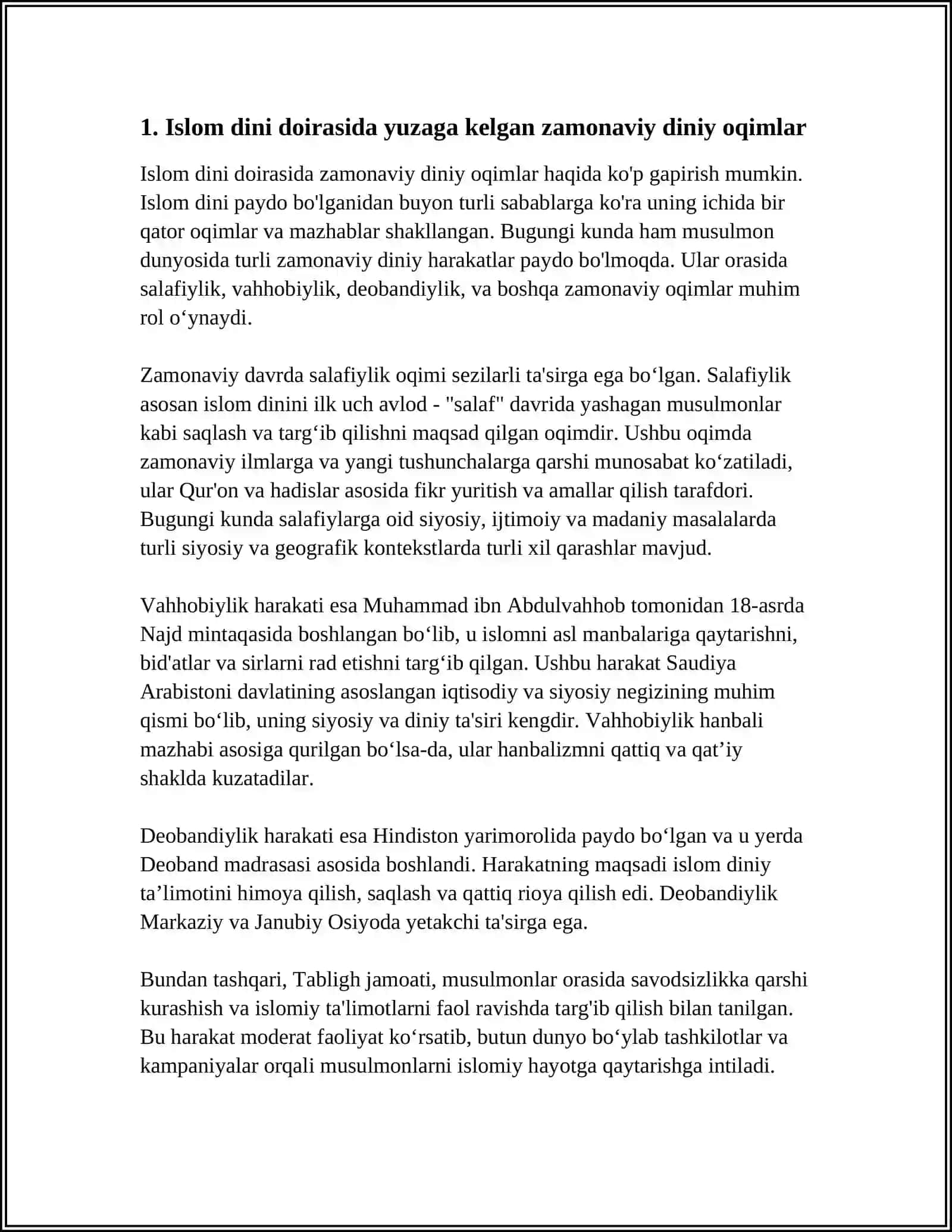 ISLOM DINI DOIRASIDA YUZAGA KELGAN YANGI DINIY XARAKAT VA OQIMLAR 4