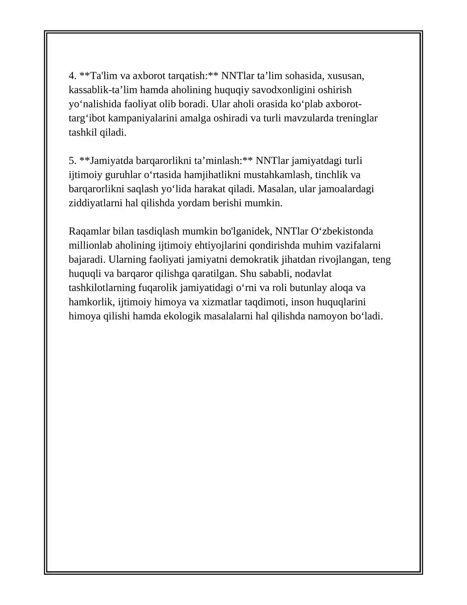 NODAVLAT VA JAMOAT TASHKILOTLARNING O'ZBEKISTONDA DEMOKRATIK JAMIYAT BARPO ETISHDAGI O'RNI VA AHAMIYATI 4