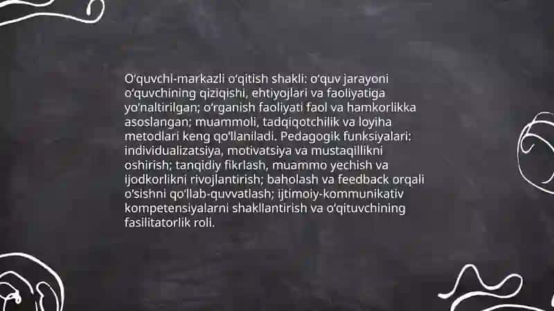 Taʼlim tizimida oʻqitish shakllari, ularning xususiyatlari, belgilari va funksiyalarini oʻrganish va tahlil qilish 4