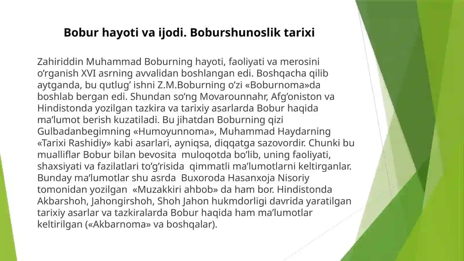 Boburvauningvorislaruolibborganijtimoyi-iqtisodiyisloxatlarningmoxiyati.Boburning"Boburnoma","Mubayyin"vaboshqaasarlaridagiiqtisodiyg'oyalar.XumoyunvaAkbarshoxdavridagiijtimoyi-iqtisodiyfikrlarvasiyosat,yangiyilxisobi, yagonauzunlikvaog'irliko'lchovlariningkiritilishi 4