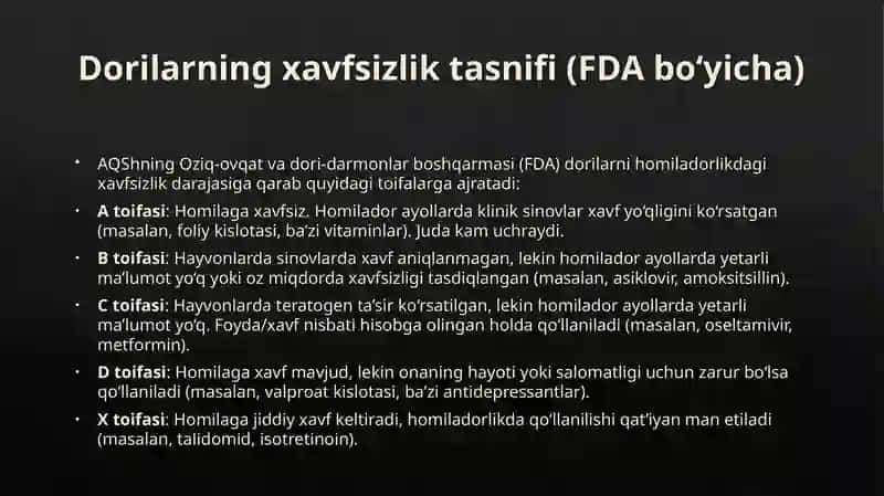 Dori vositalarining homilaga ta’siri , Fetotoksiklik, Embriotoksiklik, Teratogenlik 4