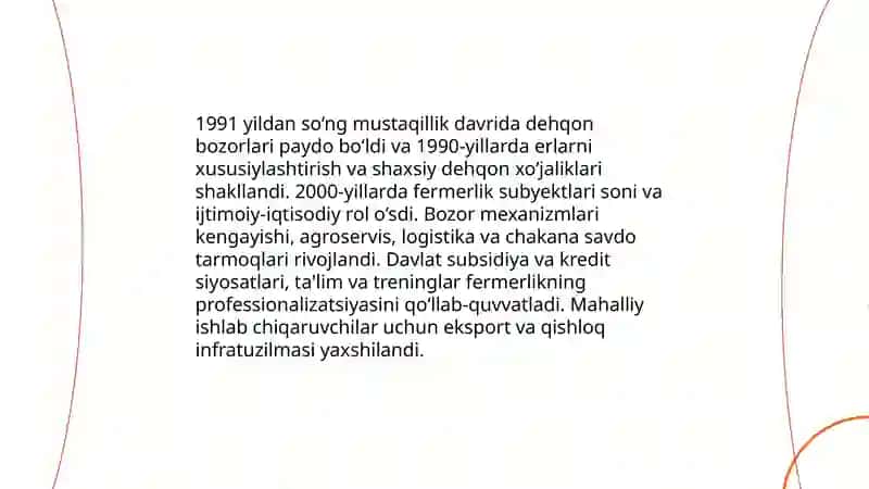Mustaqillik yillarida qishloq ho'jaligi va sanat sohasidagi o'zgarishlar 4