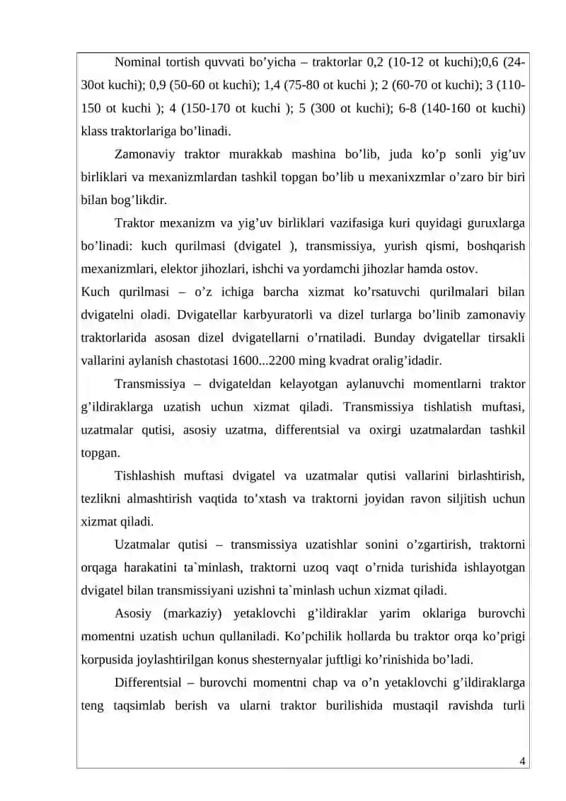 Traktоrlar va o’zi yurar qishlоq xo’jalik mashinalari yuritmalari tasnifi 4