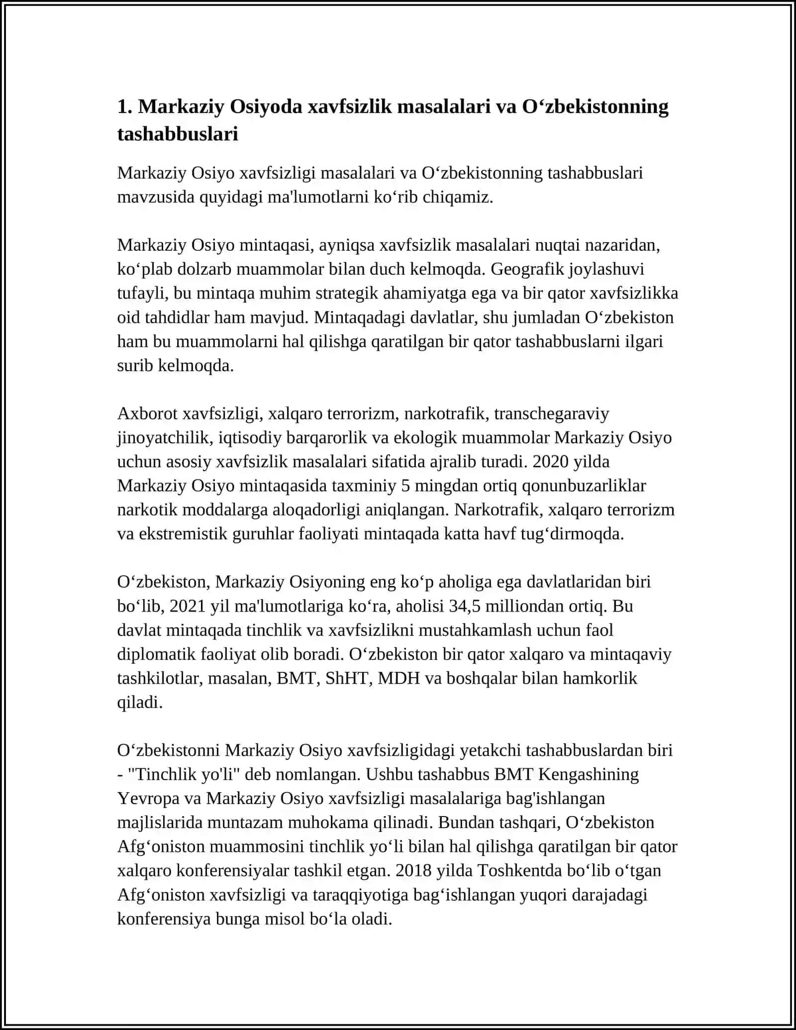 MARKAZIY OSIYODA XAVFSIZLIK MASALALARI, TERRORIZM, GIYOHVANDLIK VA ODAM SAVDOSIGA QARSHI KURASHDA O‘ZBEKISTON RESPUBLIKASINING ROLI 2 4