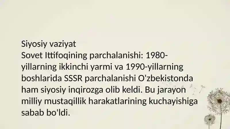 O'zbekistonda 80-90 yillardagi ijtimoiy - siyosiy vaziyat: Paxta yakka hokimligi Va qatag'onliklar 4