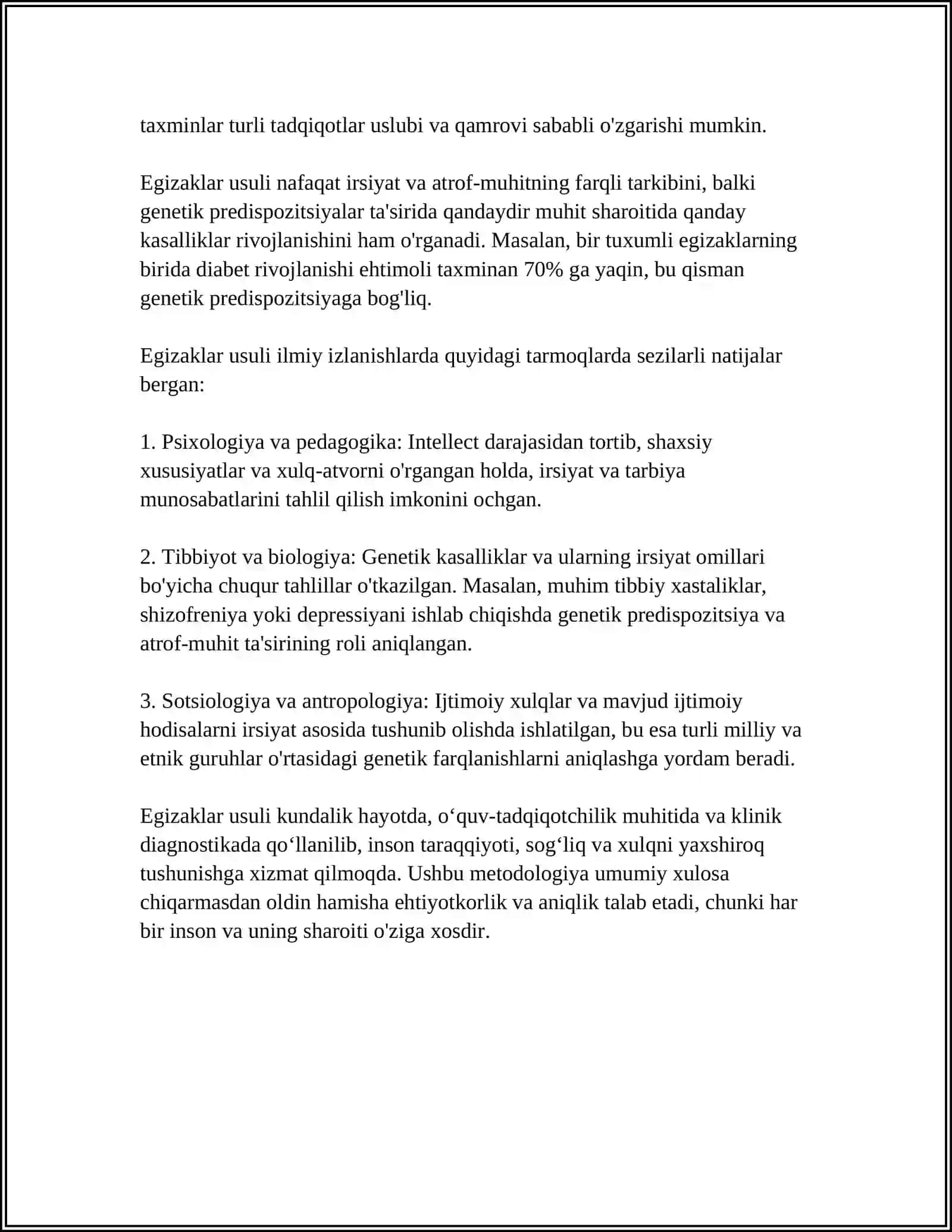 EGIZAKLAR USULI. BIR(BE) VA IKKI TUXUM HUJAYRALI (IE) EGIZAKLARDA UCHRAYDIGAN BELGILARNING KONKORDANTLIGI 4