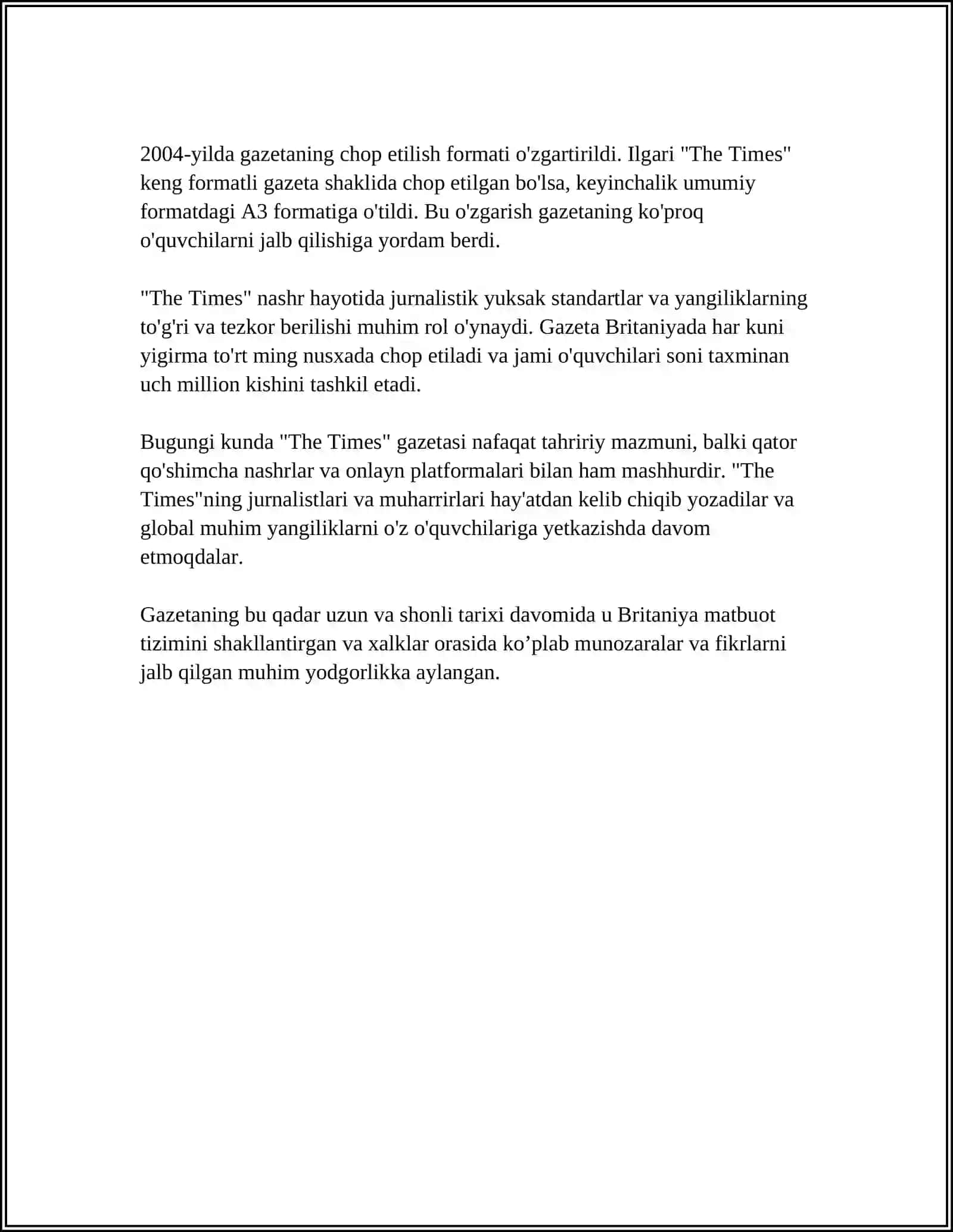 BOSMA NASHR: “THE TIMES”, “NEW TIMES”, “BLOOMBERG”, “SABAH”LAR (MATN VA MAZMUN-MAQSADI)NI TAXLIL QILING 4