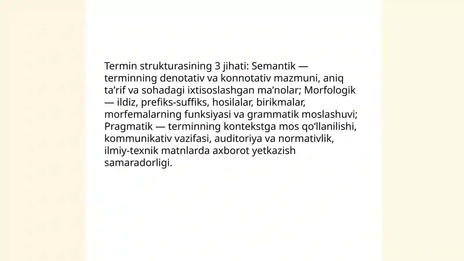 Soʻz va termin. Terminologiya fani va using rivojlanshi. Mutaxasislikka doir terminlar ustida ishlash 4