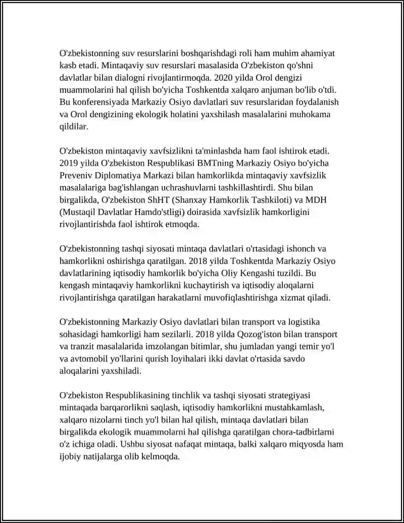 O'ZBEKISTONNING MARKAZIY OSIYODA TINCHLI VA BARQARORLIKNI TA'MINLASHDAGI O'RNI 4