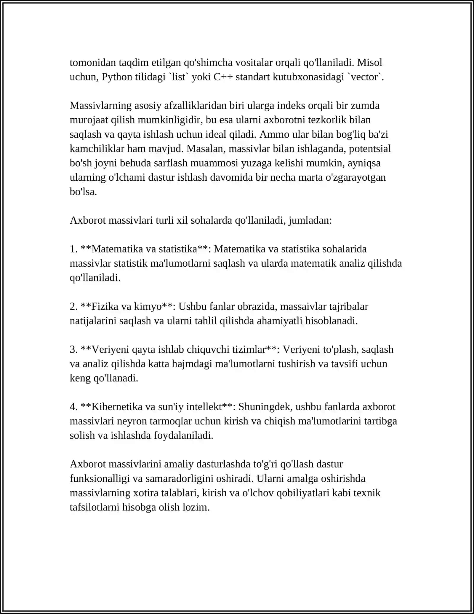 MUSTAQIL ISH Mavzu: AXBOROT MASSIVLARI VA DINAMIK MASSIVLAR 4