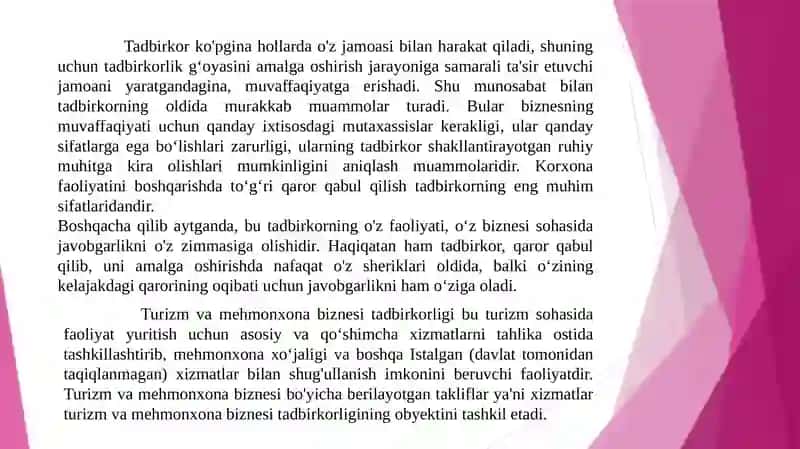 Turizmda tadbirkorlikning mohiyati va uning rivojlanishining tashkiliy-huquqiy asoslari 4
