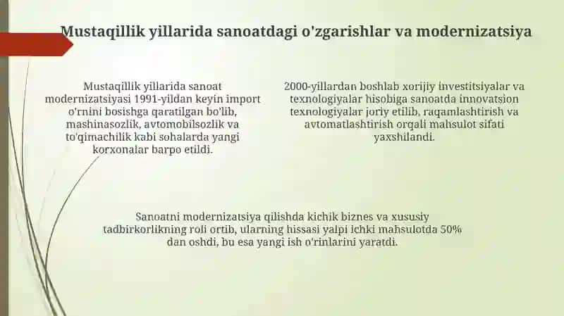 Mustaqillik yillarida qishloq xo'jaligi va sanoat sohasidagi o'zgarishlar 4