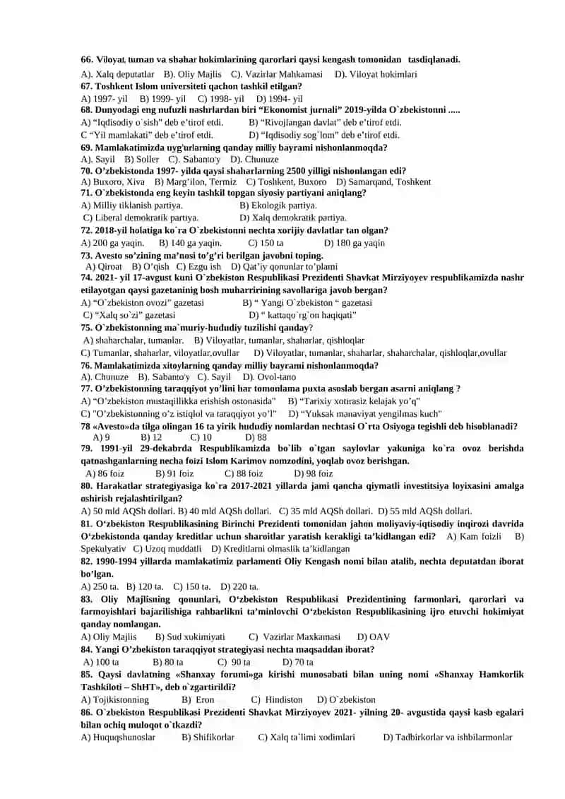 O’ZBEKISTONNING ENG YANGI TARIXI FANIDAN TESTLAR TO’PLAMI 4