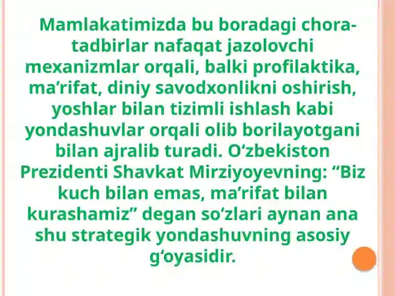 "O‘zbekistonning diniy ekstremizm va terrorizmni oldini olish va unga qarshi kurash borasida olib borayotgan siyosatning mohiyati" 4