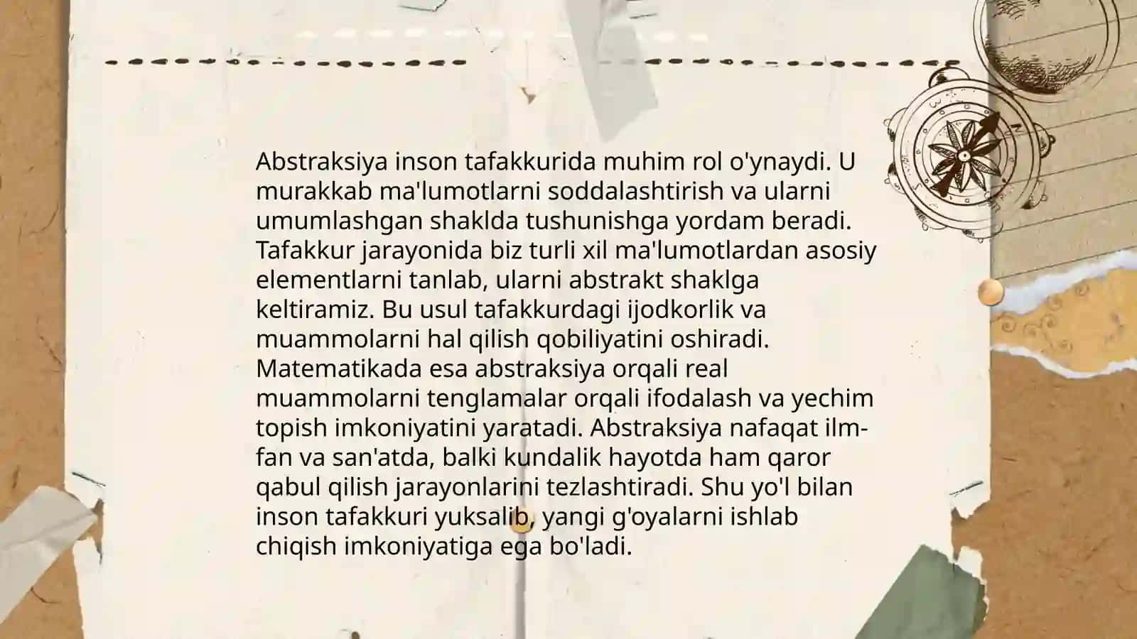 Abstraksiya tushunchasi; Xulosa va hukm; Aktiv va passiv xayol, xayol turlari; 4