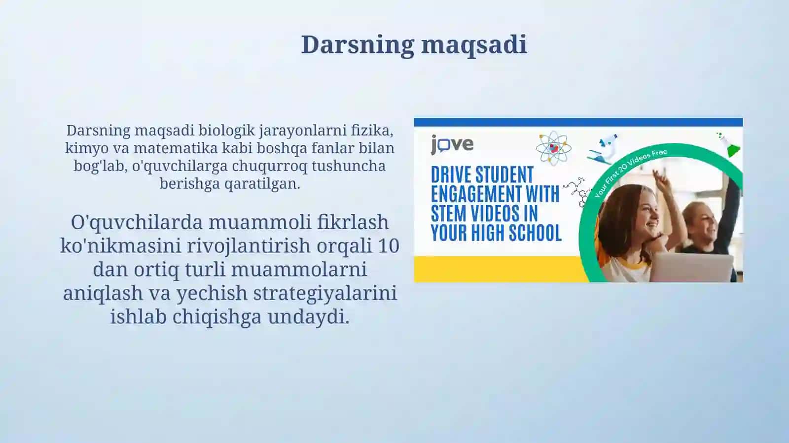 STEM yondashuvi asosida biologiya fanini boshqa fanlar bilan integretsiyalashgan xolda dasr o'tish 4
