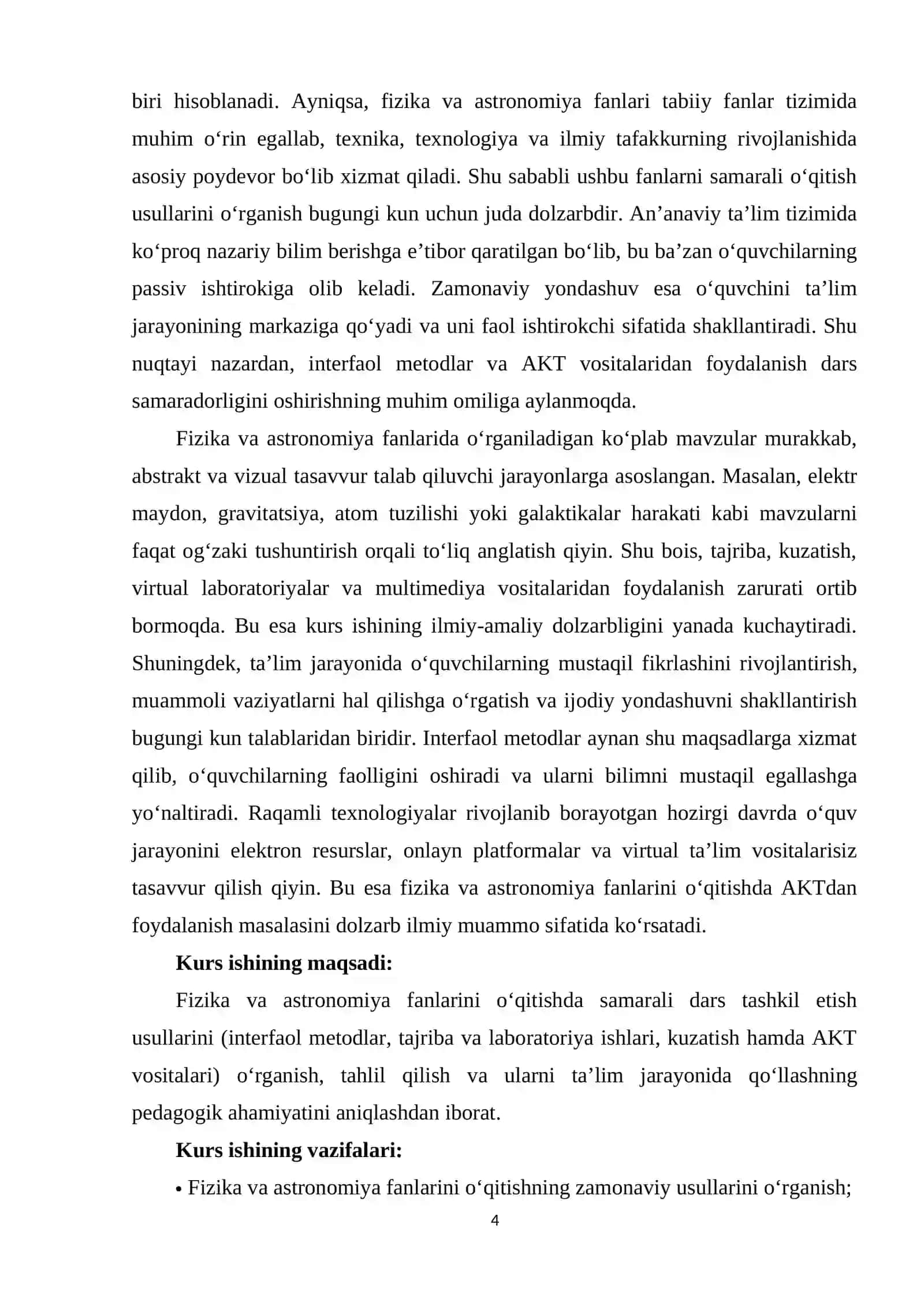 “FIZIKA VA ASTRONOMIYADAN SAMARALI DARSLAR TASHKIL ETISH USULLARI” KURS ISHI 4