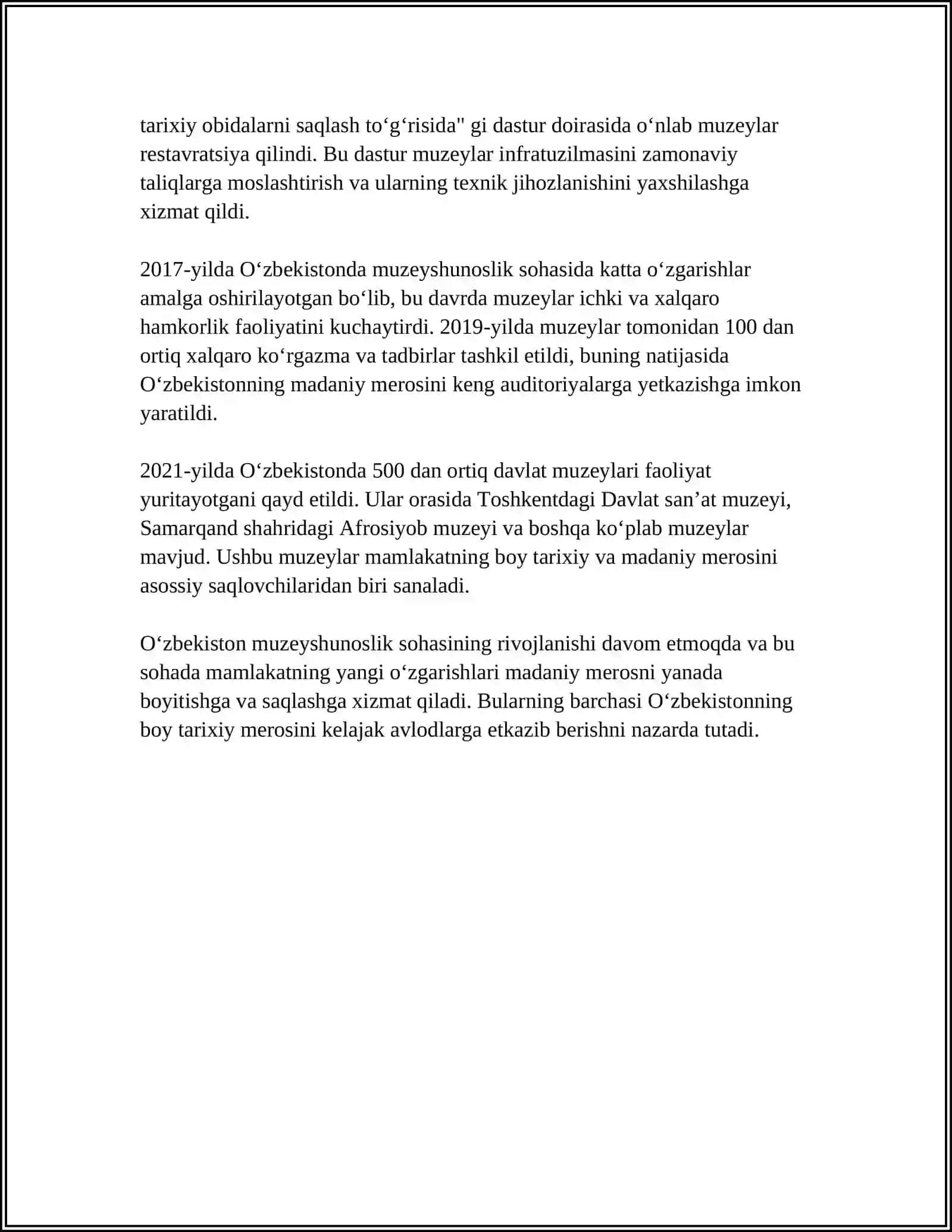 MUSTAQIL O‘ZBEKISTONDA MUZEYSHUNOSLIKNI RIVOJLANISHI VA OCHIK OSMON OSTIDAGI MUZEYLAR 4