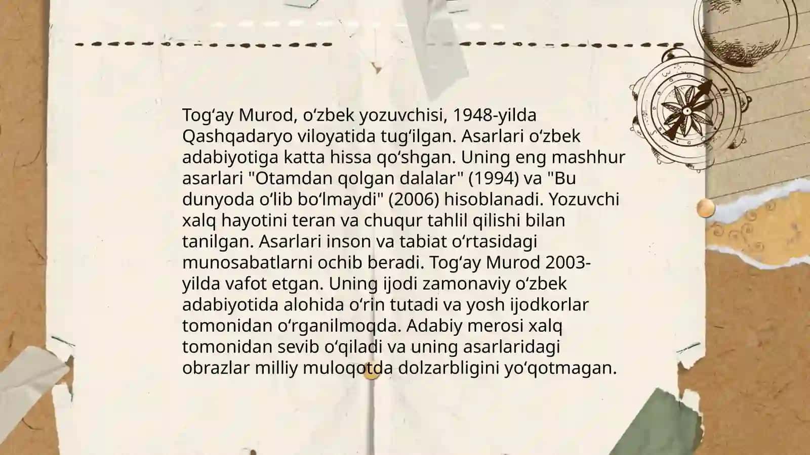 Togʻay Murod hayoti va ijodi. "Bu dunyoda oʻlib boʻlmaydi" asari 4
