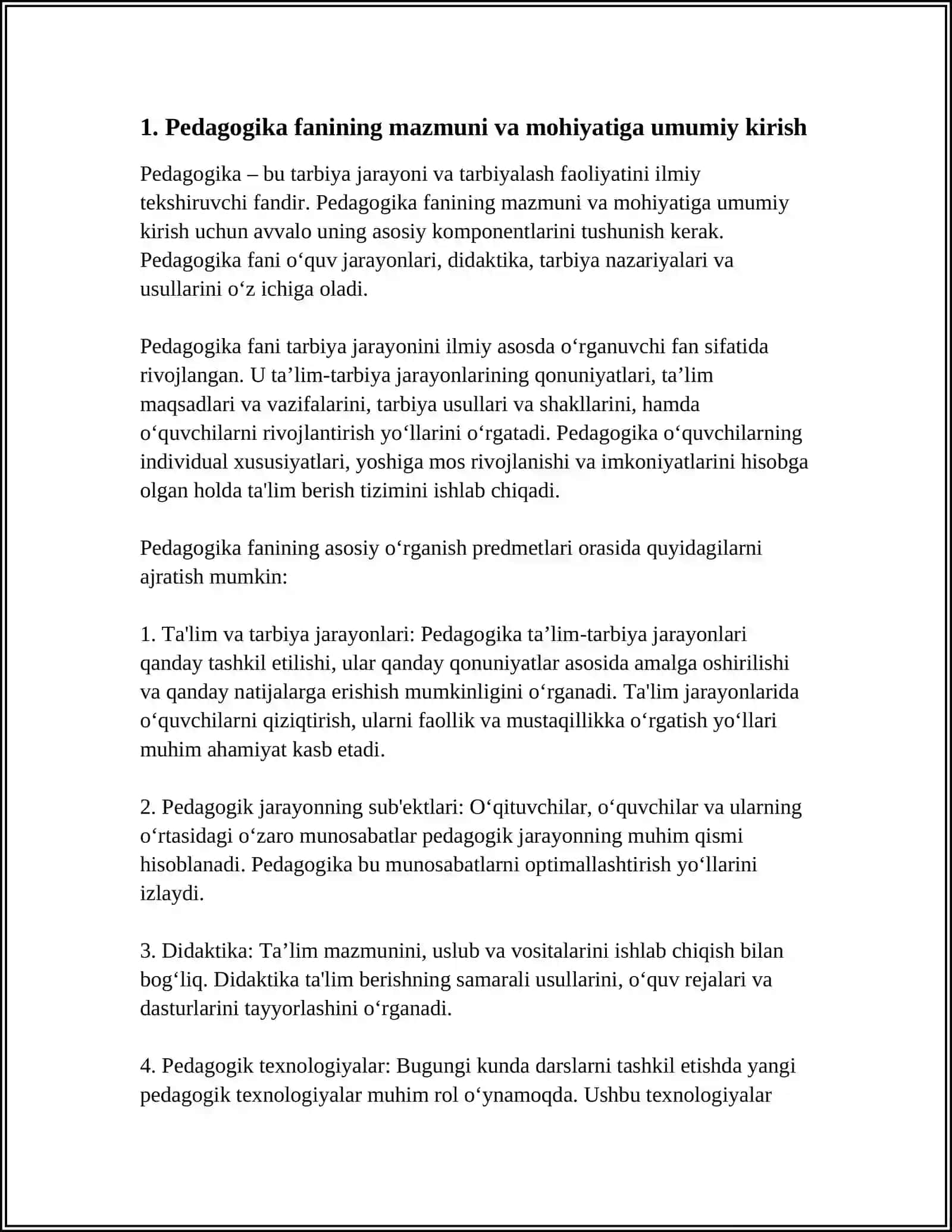PEDAGOGIKA FANINING MAZMUNI VA MOHIYATI,PREDMETI 4