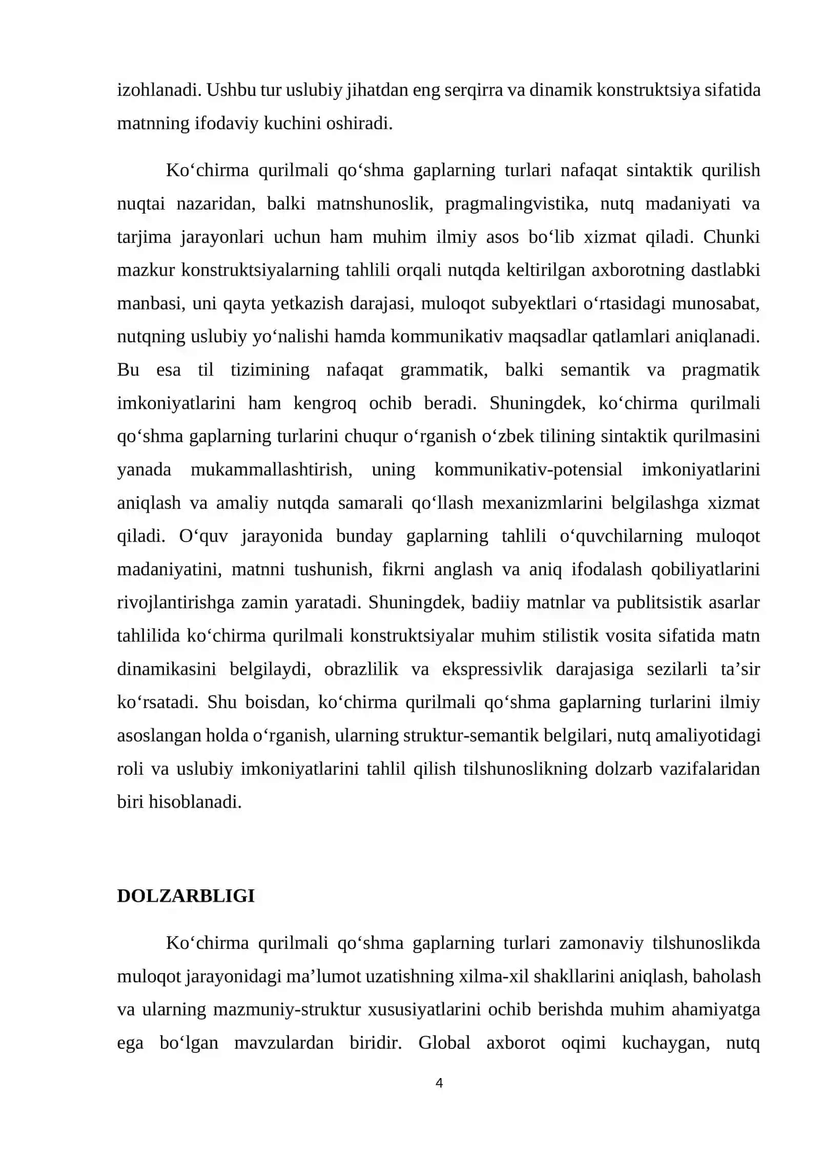 KO‘CHIRMA QURILMALI QO‘SHMA GAPLARNING NAZARIY ASOSLARI VA MATNDAGI FUNKSIONAL-USLUBIY KO‘RINISHLARI 4