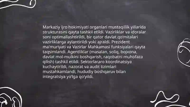 Mustaqillik yillarida davlat boshqaruvi tizmida amalga oshirilgan islohatlar 4