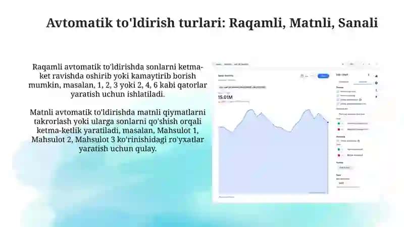 Excel dasturida avtoto’ldirishlar va avtohisoblashlar. Diagrammalar yaratish 4