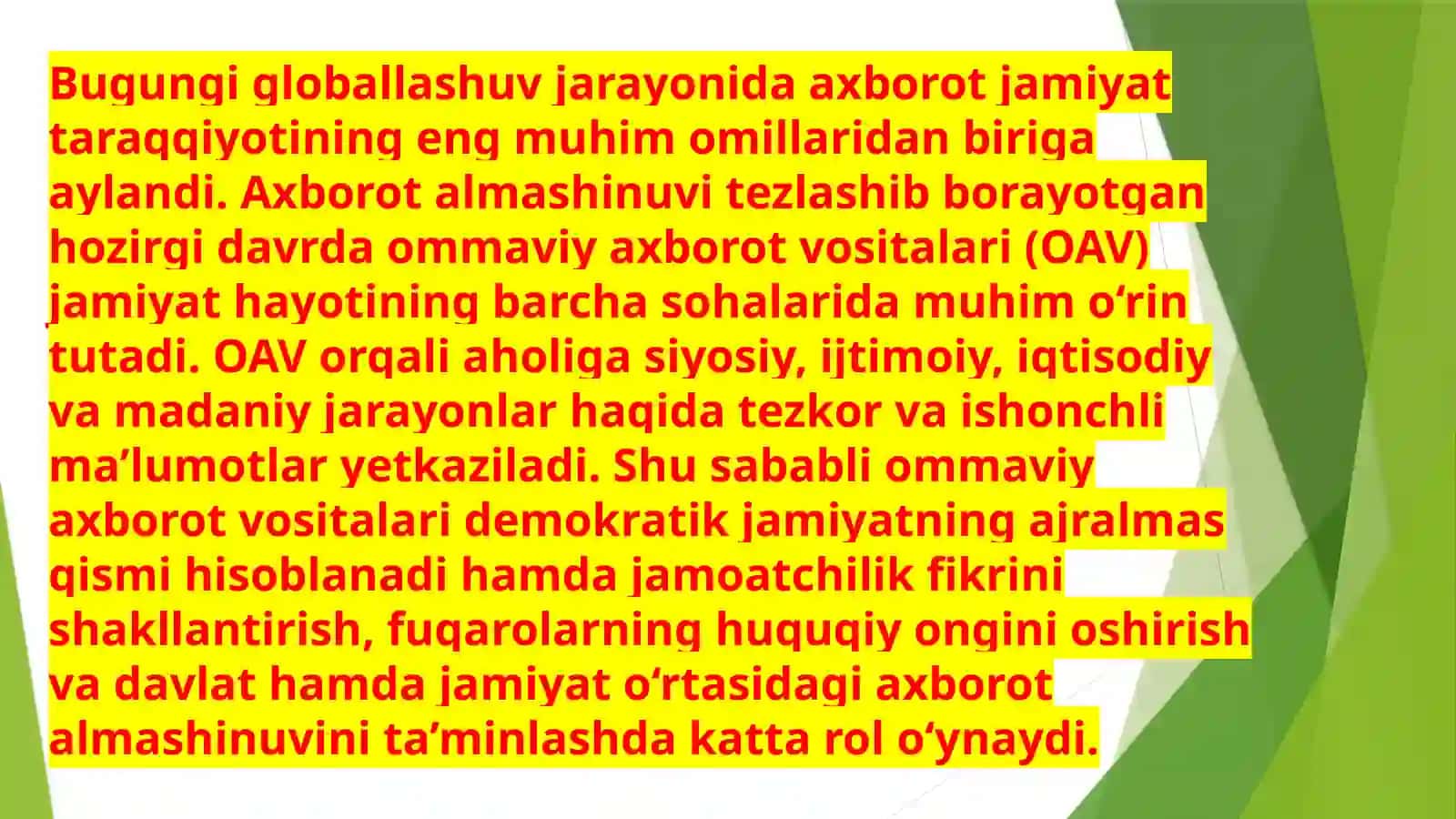 O‘zbekiston Respublikasida ommaviy axborot vositalarining faoliyati (o‘zgarish va muammolar)" 4