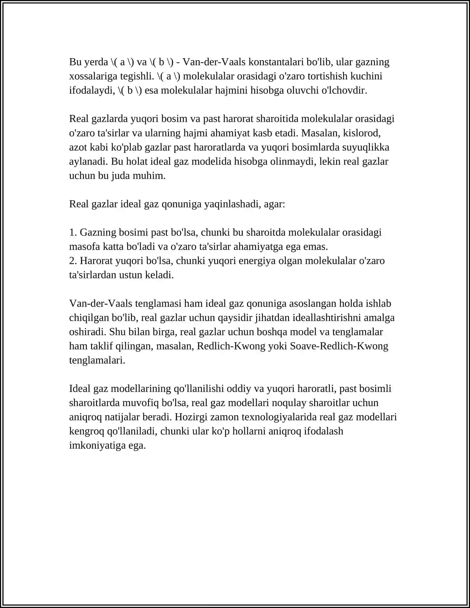 REAL GAZLAR.VAN-DER-VAALS TENGLAMASI. FAZAVIY OʻTISH. FAZALAR VA FAZAVIY OʻTISHLAR 4
