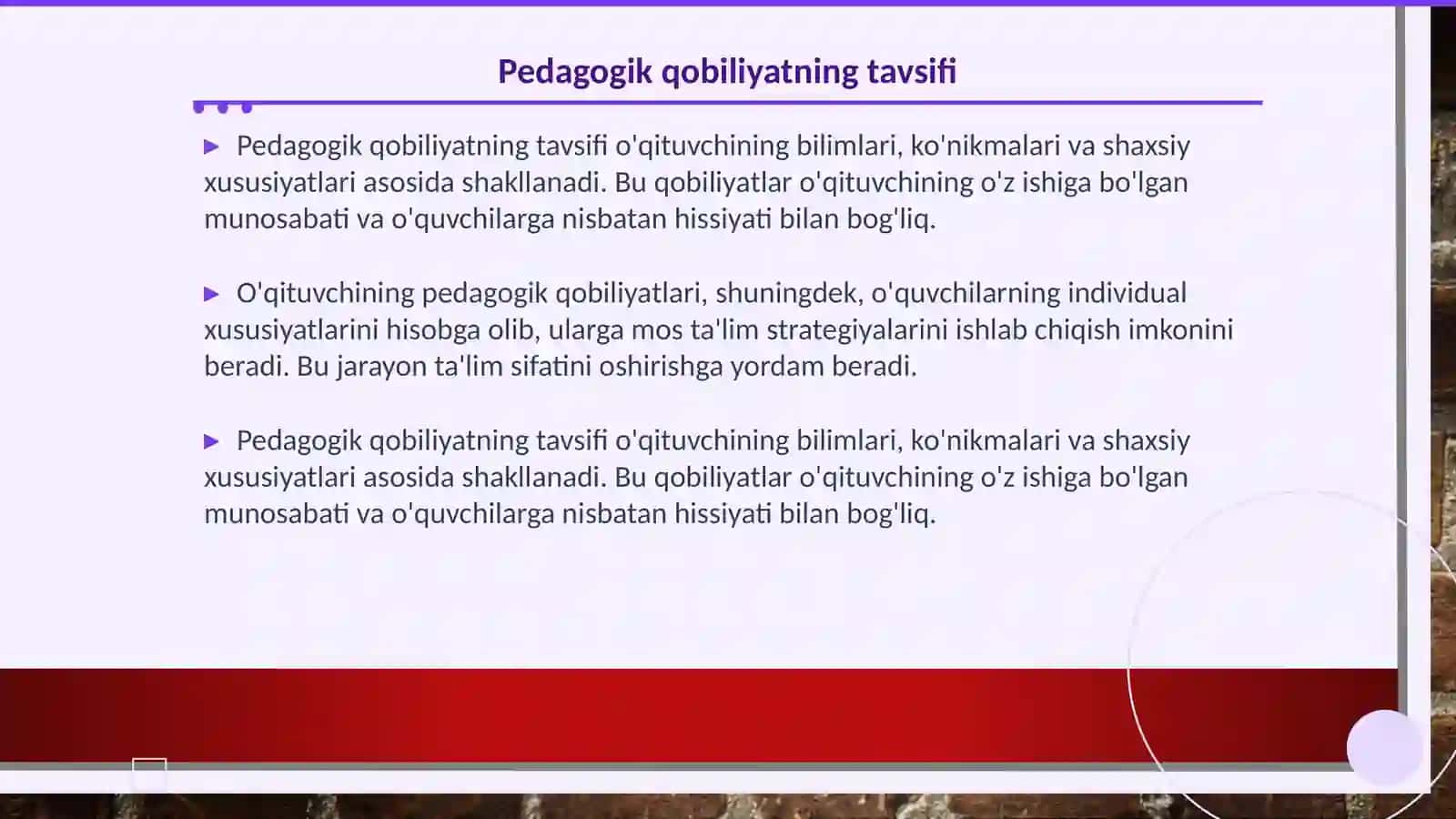 Qobiliyat va pedagogik qobiliyat haqida tushuncha. Pedagogik qobiliyatning turlari va ularning tavsifi. Pedagogik qobiliyatni shakllantirish yo‘llari. Kommunikatsiya haqida tushuncha. Kommunikativ qobiliyat va pedagogik ta’sir ko‘rsatish. O‘qituvchi 4