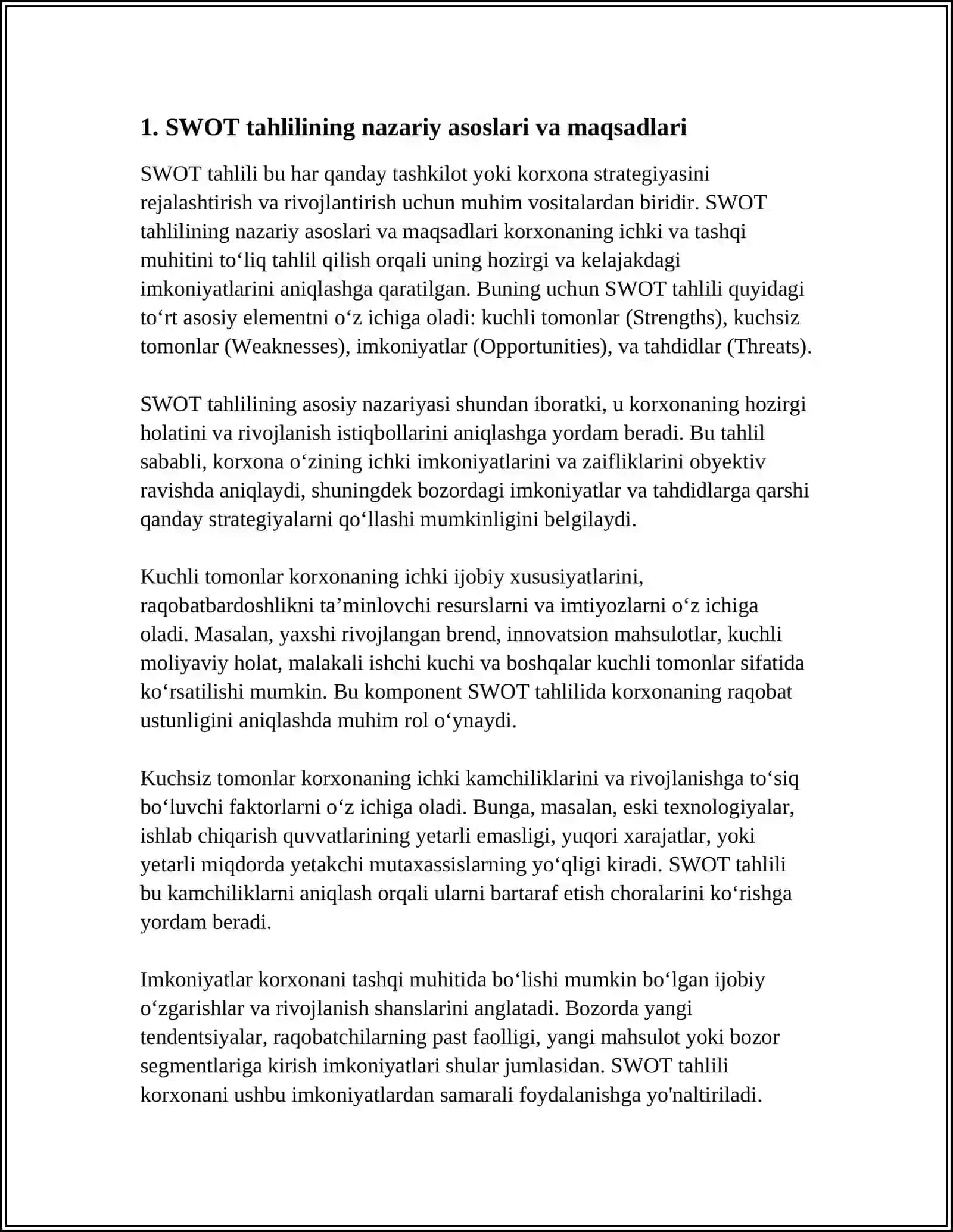 KORXONADA SWOT VA STEP TAHLIL. MARKETING TADQIQODLARINI O'TKAZISH USULLARI 4