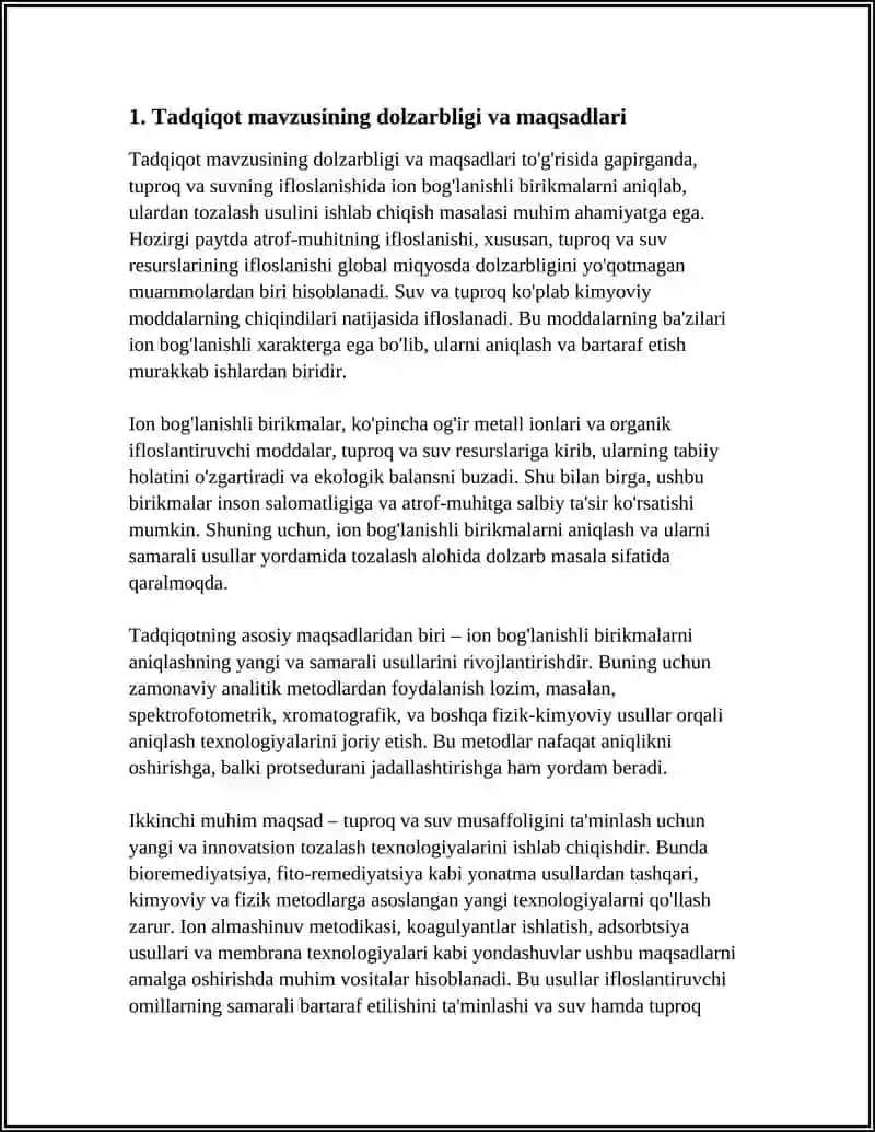 TUPROQ VA SUVNING IFLOSLANISHIDA ION BOG'LANISHLI BIRIKMALARNI ANIQLAB ULARDAN TOZALASH USULINI ISHLAB CHIQARISH MAVZUSIDA REFARAT TAYYORLASH 4