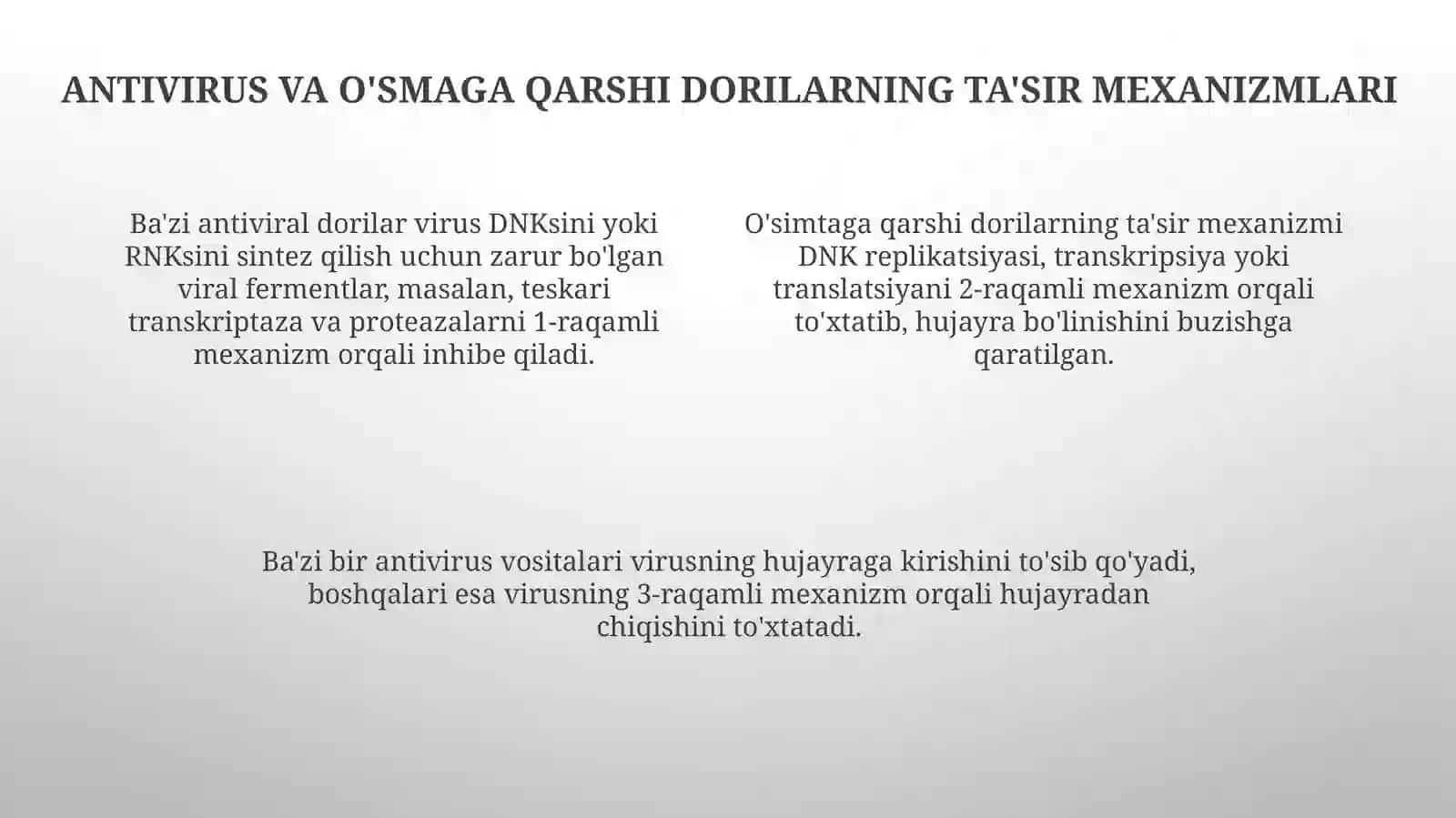 Viruslar va o'smalarga qarshi dorivorlarta'siridan DNK va RNK fermentlariga nisbatan 4