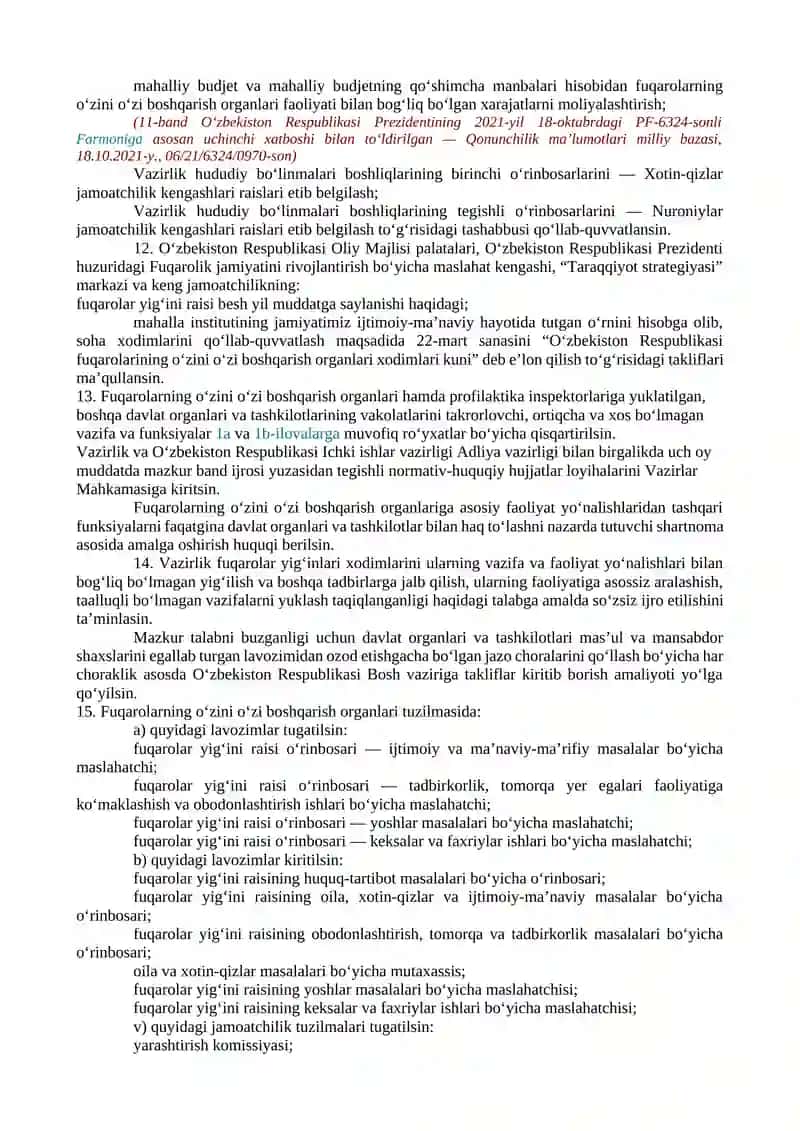 JAMIYATDA IJTIMOIY-MA’NAVIY MUHITNI SOG‘LOMLASHTIRISH, MAHALLA INSTITUTINI YANADA QO‘LLAB-QUVVATLASH HAMDA OILA VA XOTIN-QIZLAR BILAN ISHLASH TIZIMINI YANGI DARAJAGA OLIB CHIQISH CHORA-TADBIRLARI TO‘G‘RISIDA 4