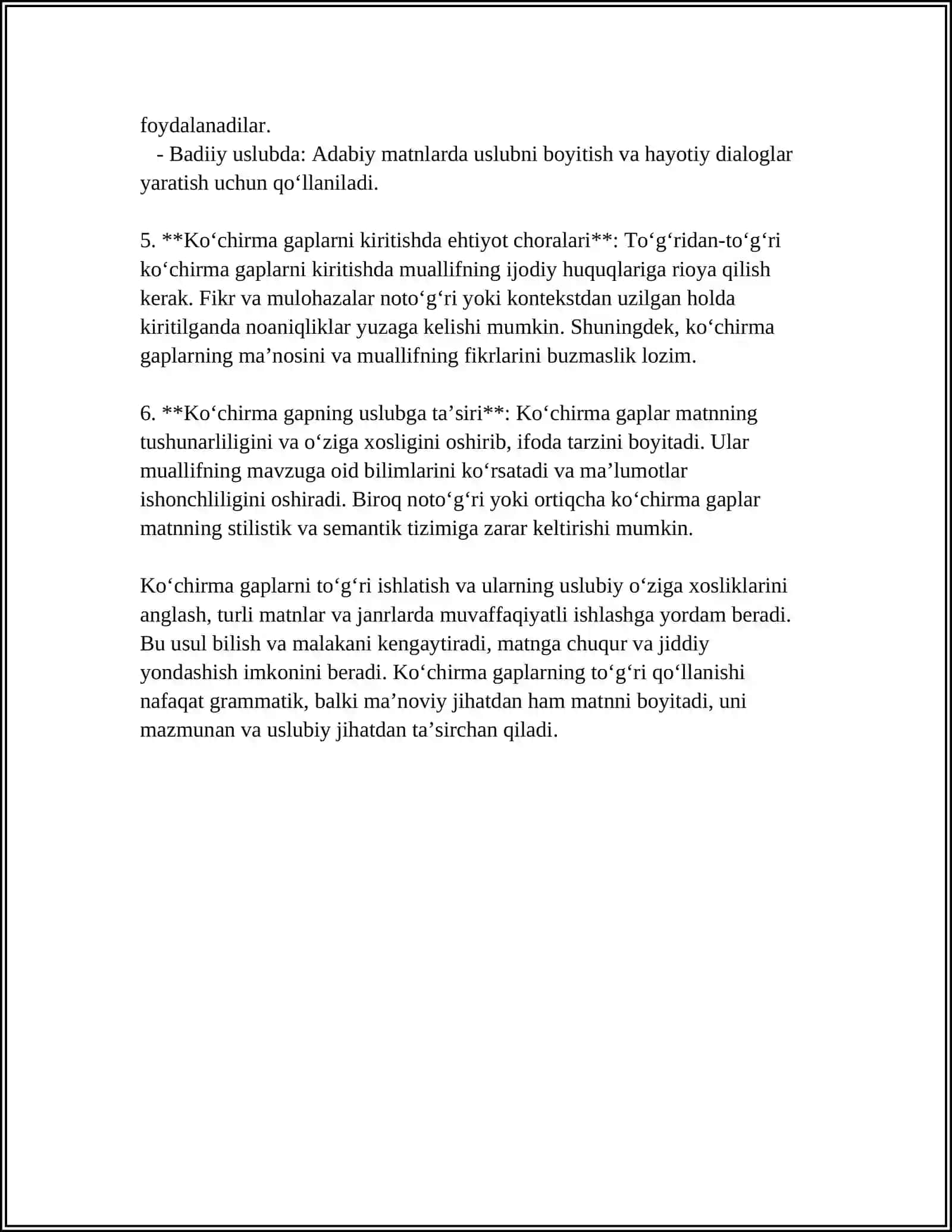 KOʻCHIRMA GAPLARNING USLUBIY XUSUSIYATLARI 4