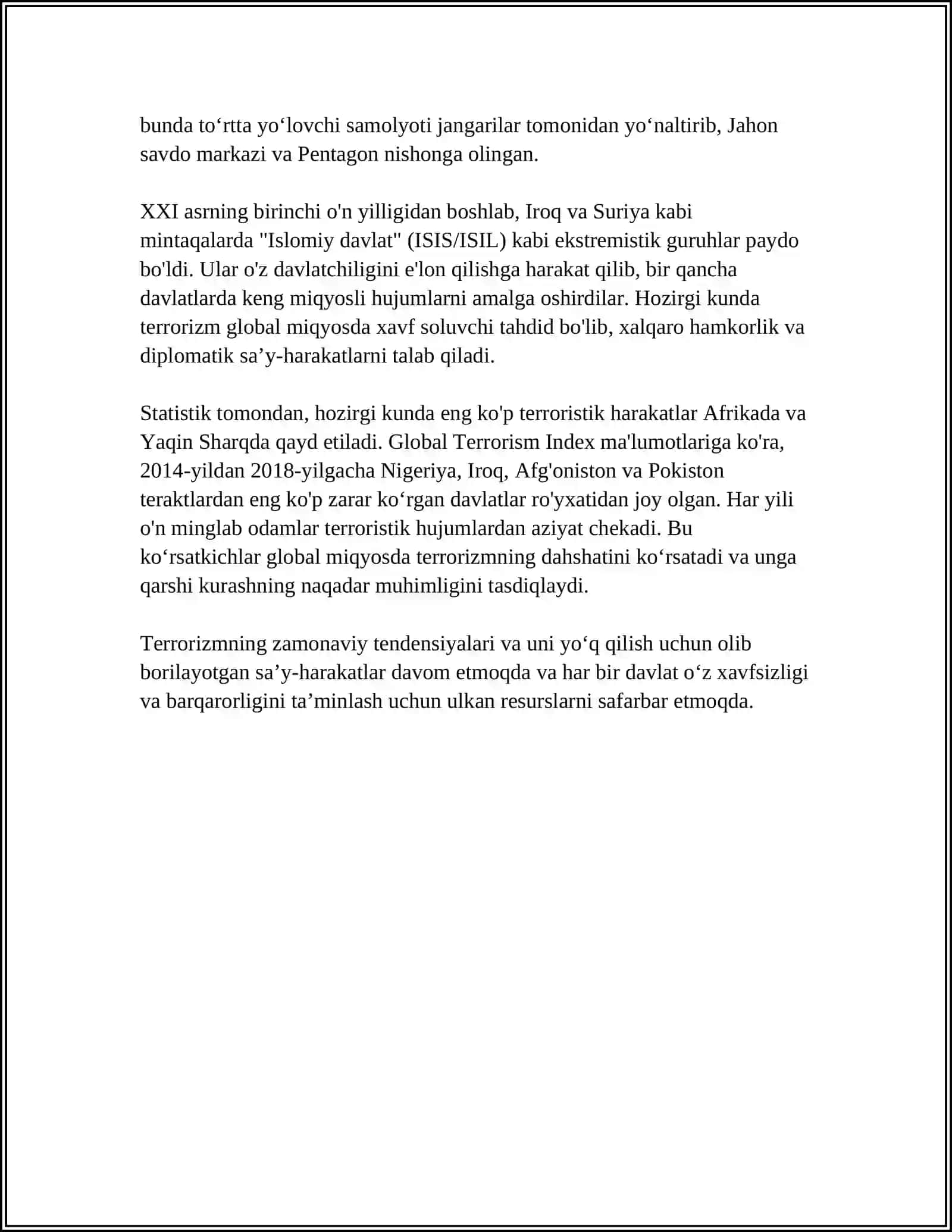 MUSTAQIL ISH Mavzu: TERRORISTIK HARAKATLAR, ULARNING TURLARI,ULARGA QARSHI KURASH USULLARI 4