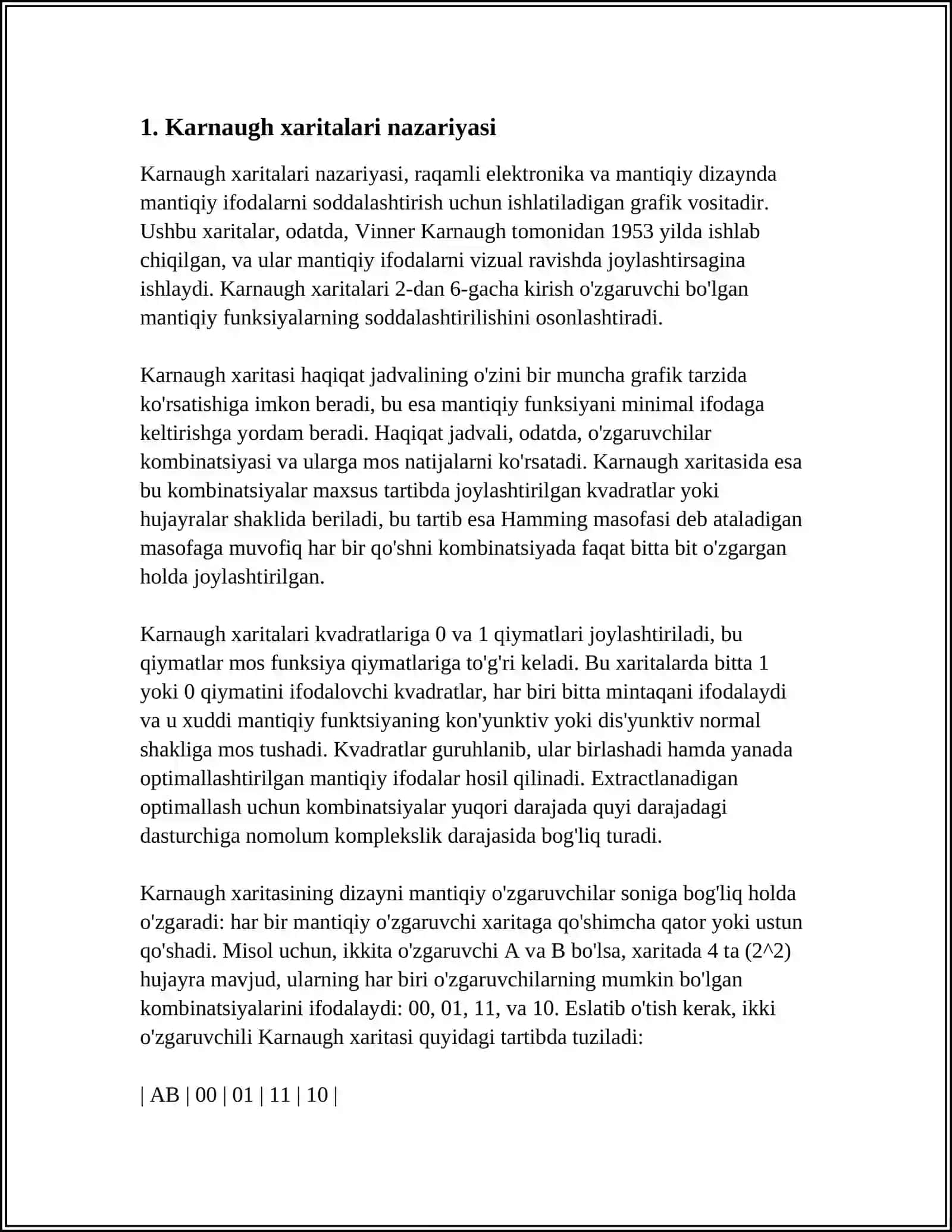 MANTIQIY DAVRLARNI MINIMALLASHTIRISH: KARNAUGHXARITALARI VAQUINE-MCCLUSKIY ALGORITMI 4
