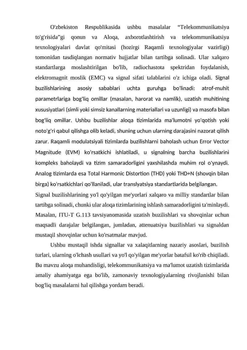 Signallar va halaqitlar. Signal buzilishlarining yo'l qo'yilgan me'yorlari 4