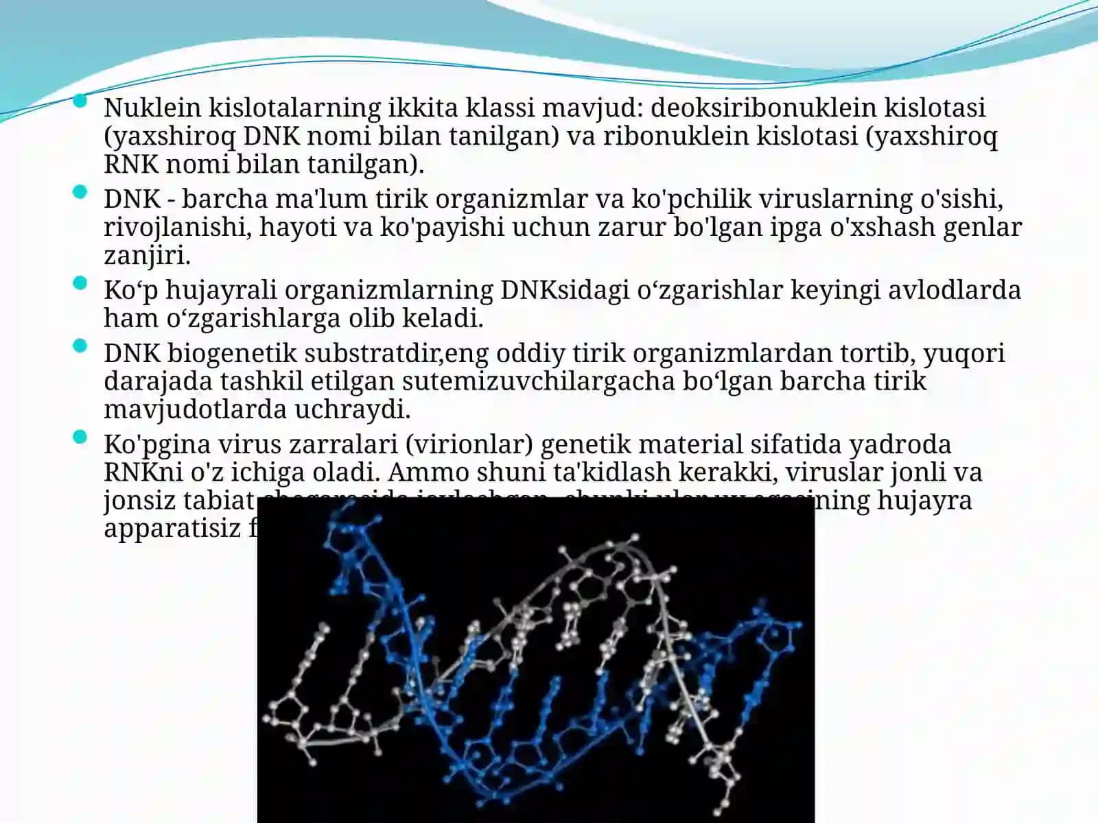 Tiriklikning molekulyar asoslari. Nukleinkislotalar va siyriy belgilarini nasldan-naslga o'tishdagi roli. DNKning oksil biosintezidagi roli. Genetik injeneriya. O'zgaruvchanlik va uning shakllari 4