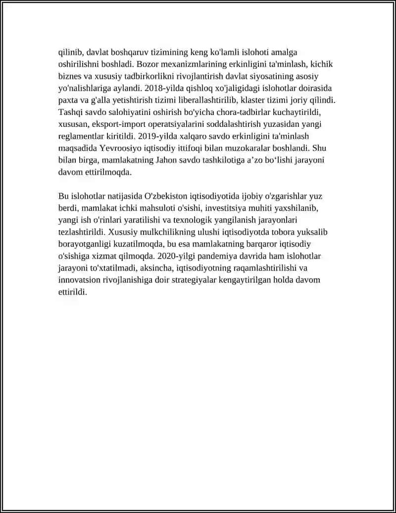 IQTISODIY ISLOHOTLAR, XUSUSIY MULKCHILIKNING SHAKLLANISHI O’ZBEKISTONDA BOZOR MUNOSABATLARINING RIVOJLANISHI 4