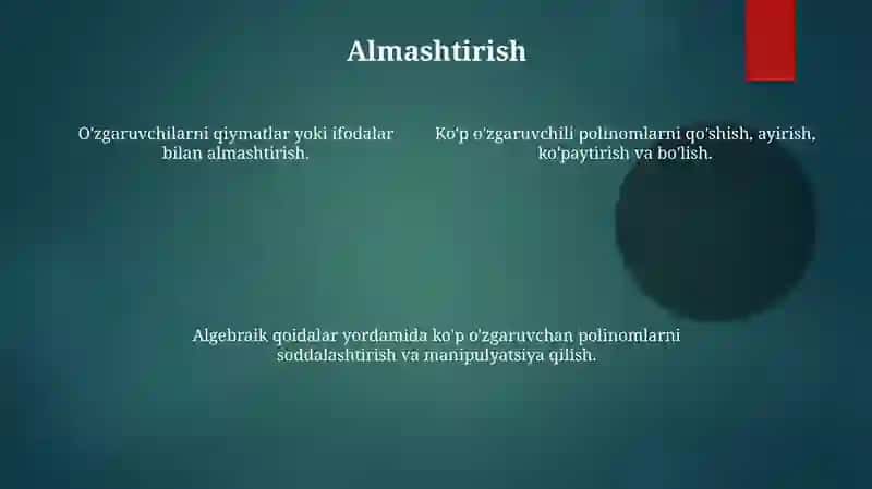 Ko'p o'zgaruvchini ko'phadlar ustida amallar 4