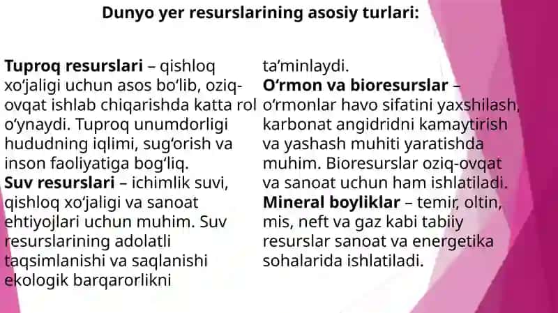 Dunyo yer resurslari va ulardan foydalanish 4