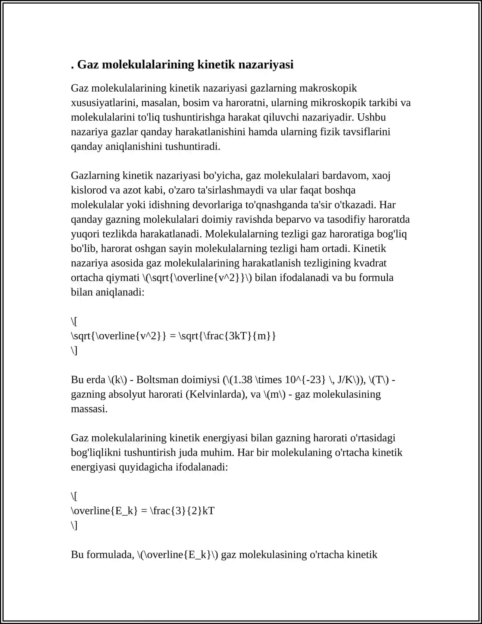 MUSTAQIL ISH REJA A)GAZ MOLEKULALARINING O‘RTACHA TO‘QNASHISH SONI VA O‘RTACHA ERKIN YUGURISH YO’LI. B)BAROMETRIK FORMULA C)GAZLARDA ELEKTR TOKI 4