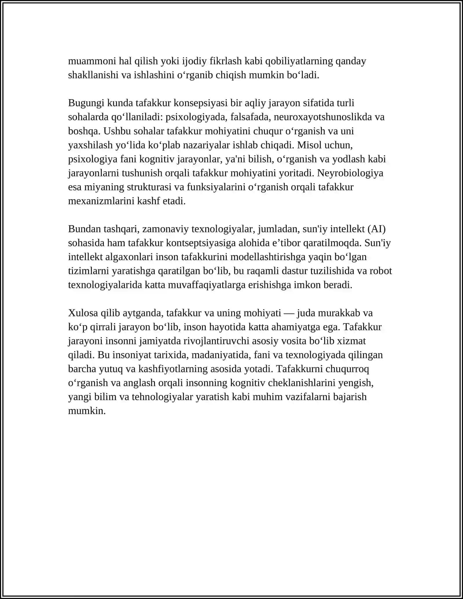 TAFAKKUR RIVOJLANISH XUSUSIYATLARI.INSON INTELEKTUAL TARAQQIYOTIDA TAFAKKUR OʻRNI 4