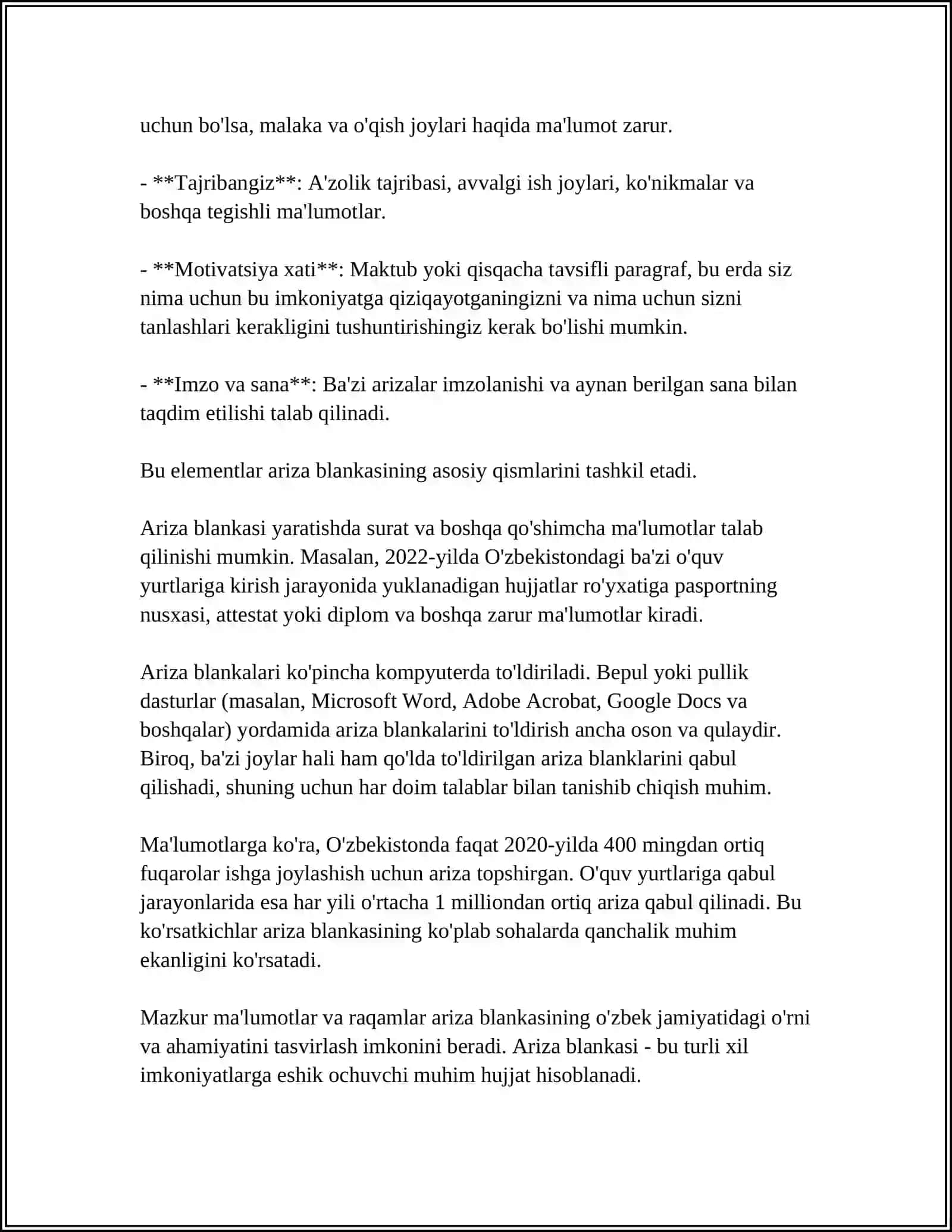 WORD MATN TAHRIRLAGICHDA TURLI XIL BLANKALAR YARATISH(ARIZA,KASALLIK KARTASI,ANALIZLAR BLANKASI X.H.) 4