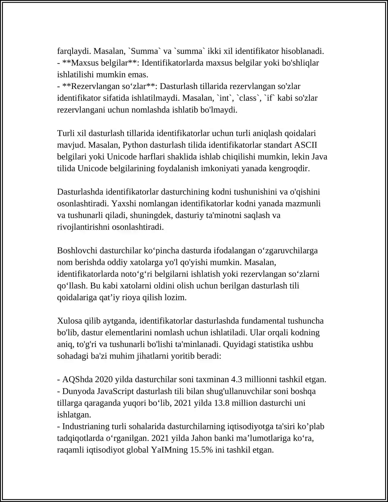 IDENFIKATORLAR, LITERALLAR OʻZGARUVCHILAR VA BERILGANLAR TURLARI 4