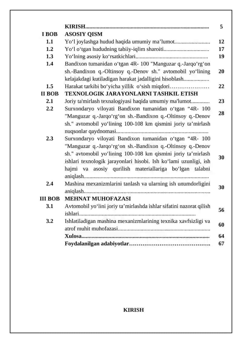 4R- 100 "Manguzar q.-Jarqo‘rg‘on sh.-Bandixon q.-Oltinsoy q.-Denov sh." avtomobil yo‘lining 100-108 km qismini joriy ta'mirlash texnologiyasini ishlab chiqish 4